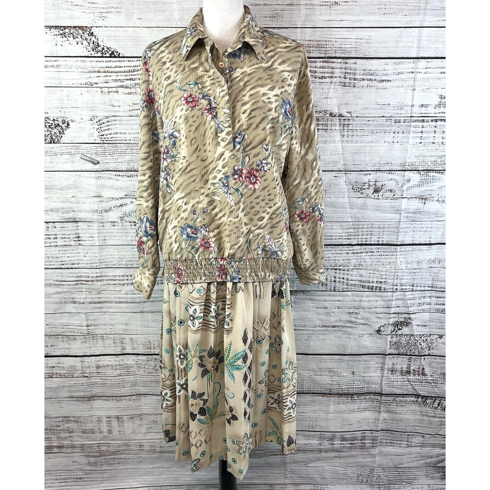 Alfred Dunner Mismatch 2pc Blouse Skirt Set size 8 Tan Floral Granny Core Modest